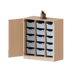 ErgoTray Schrank, 3reihig, 3 OH, zweitürig, fahrbar, mit 15 hohen Boxen, B/H/T 104,5x118x50cm 